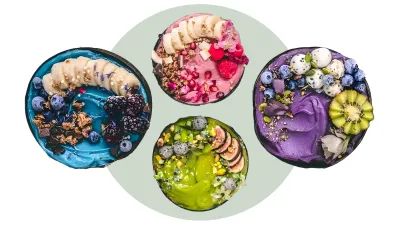 Smoothie Bowls with fresh yoghurt with a selection of healthy toppings